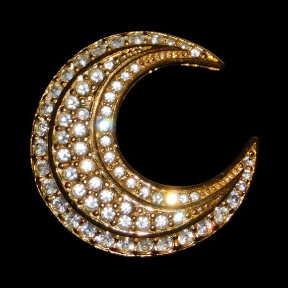 Joan Rivers Crescent Moon Gold Tone & Rhinestone Brooch Pin - Picture 1 of 8